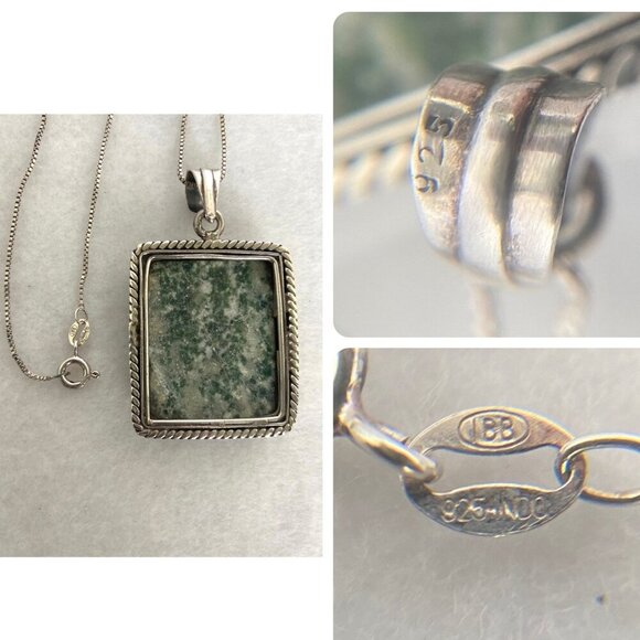 Sterling Silver 925 Bezel Set Tree Agate Rectangular Pendant Necklace 18.5" - Picture 9 of 16